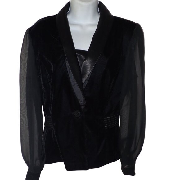 Vintage R & K Evening Sz 8 Black Velvet Sheer Long Sleeve Jacket Elegant 90's - Picture 1 of 14